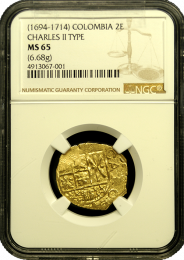 Colombian Gold | Two Escudo | Mint State 65 |1694-1714 | Holder