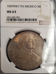 1809 Mexican 8 Reale NGC Mint State 63 - Holder
