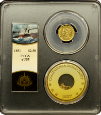 1851-P | $2.5 Gold Liberty | AU 55 | SSCA | Shipwreck Coin | In Holder Obverse