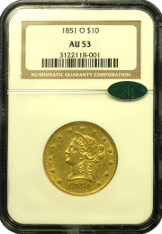 1851 O $10 Gold Liberty AU - In Holder