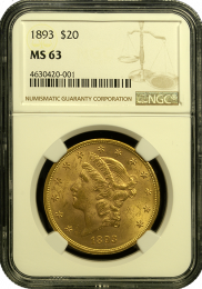 1893-P $20 Liberty Gold Coin NGC Mint State 63