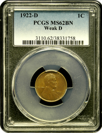 1922 D 1 Cent PCGS MS 62 